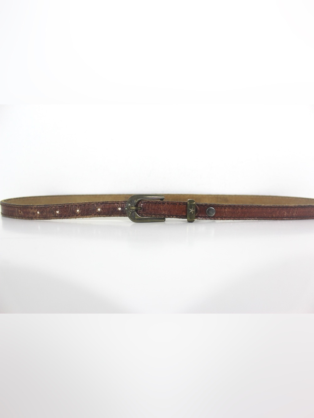 Super Skinny Distressed Brown Leather Belt with Brass Star Buckle